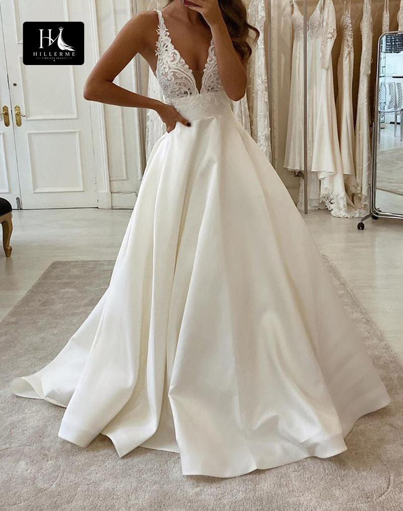 Simple Rustic A-Line Wedding Dress with Plunging V-Neck and Lace Appliqués
