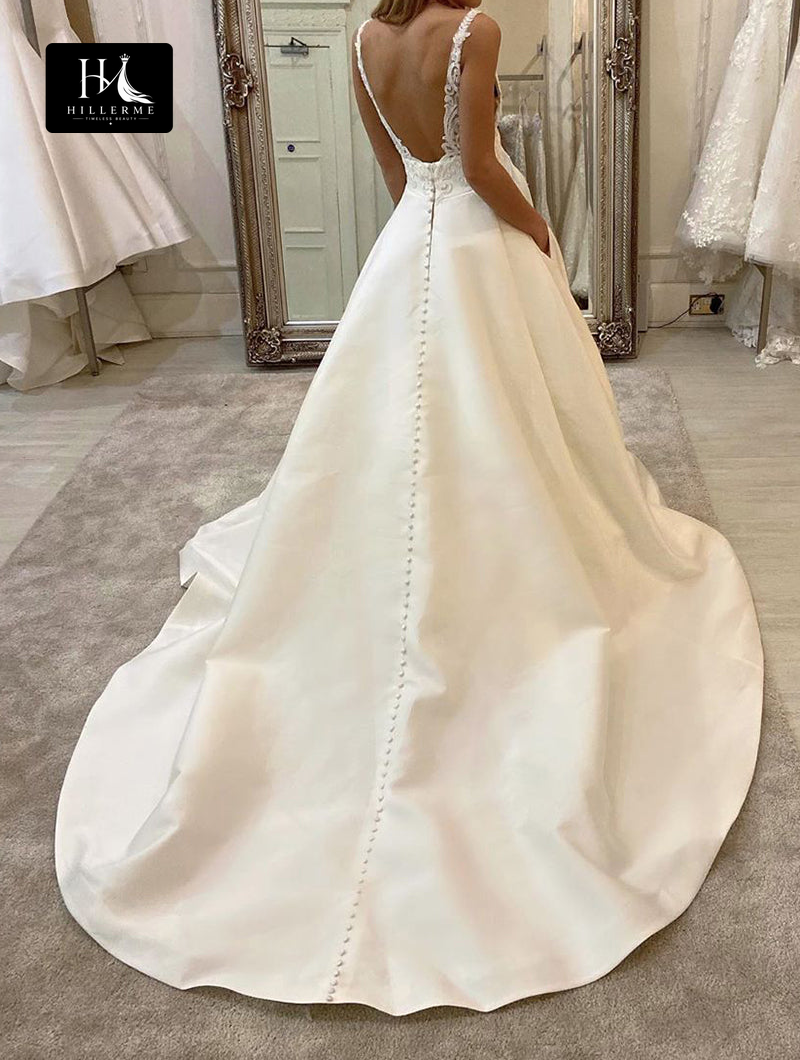 Simple Rustic A-Line Wedding Dress with Plunging V-Neck and Lace Appliqués