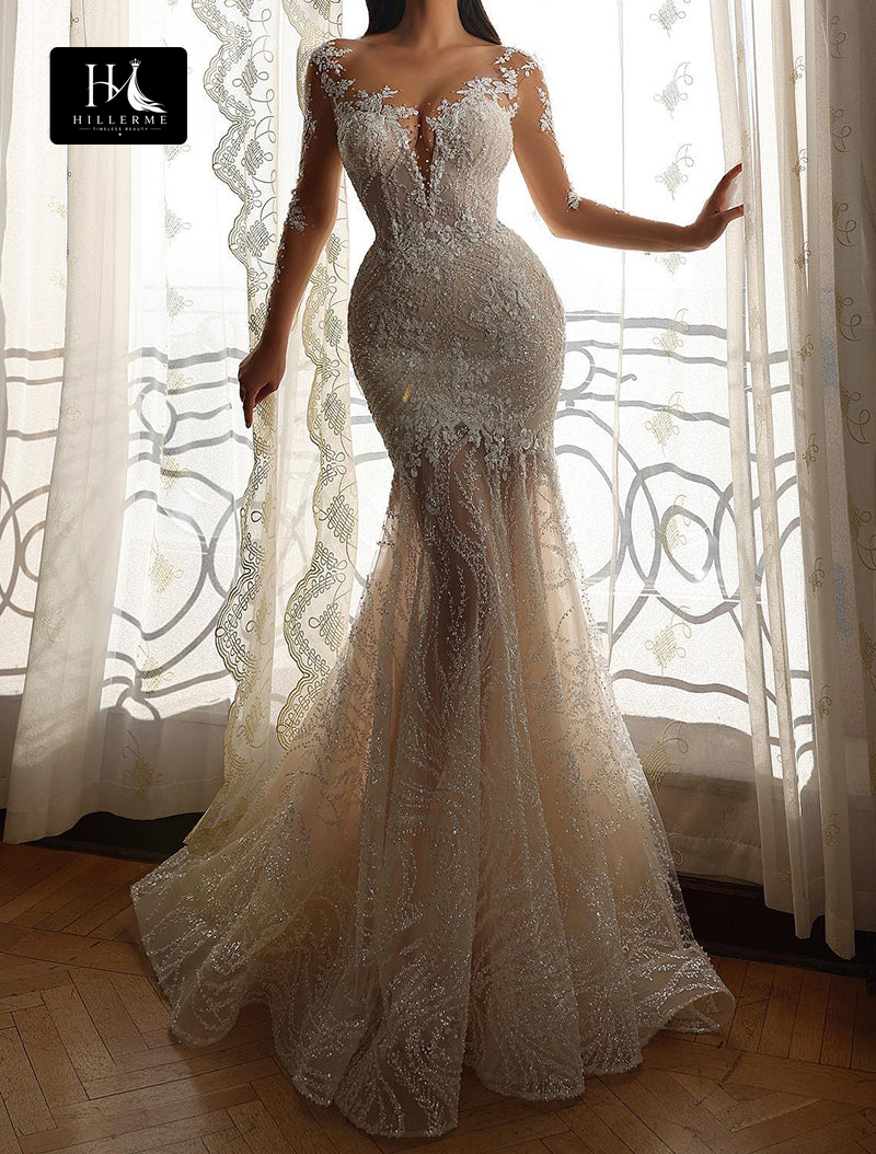 Romantic Lace Wedding Dress with Illusion V-Neck and Long Sleeves