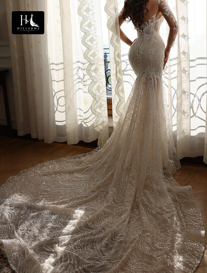 Romantic Lace Wedding Dress with Illusion V-Neck and Long Sleeves