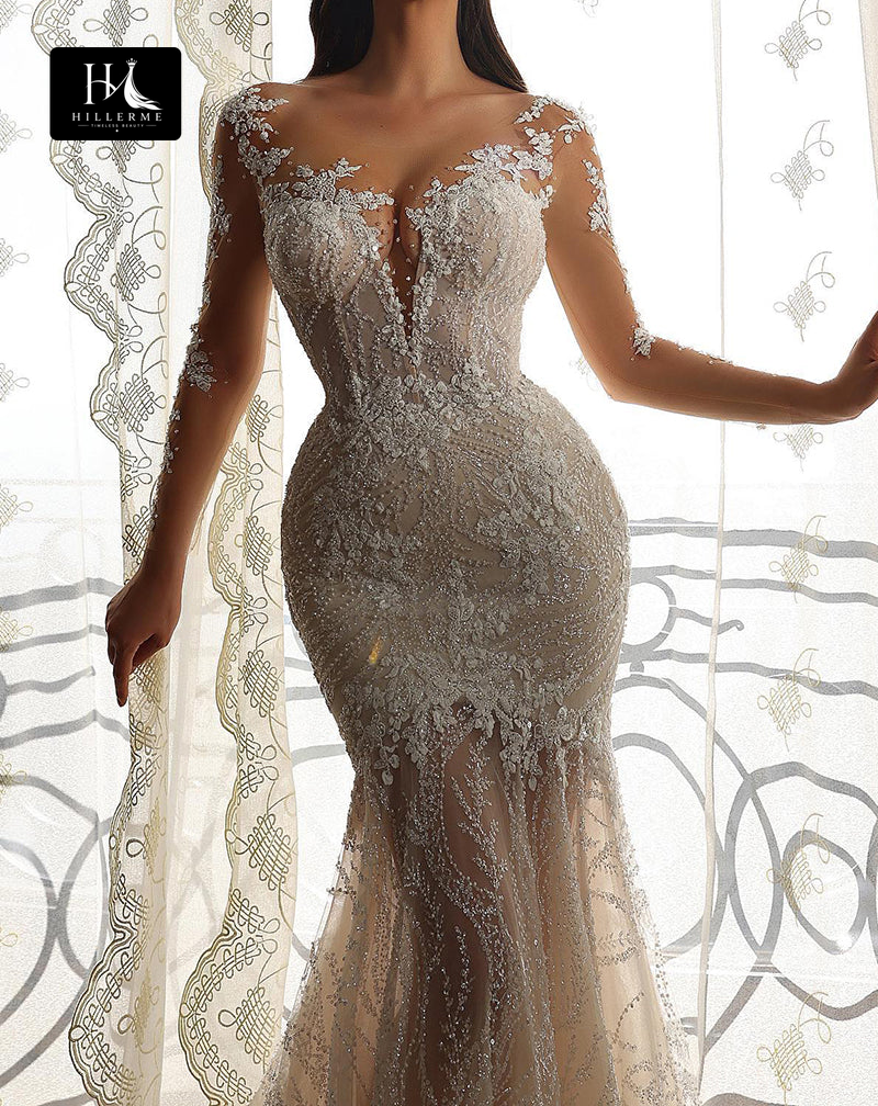 Romantic Lace Wedding Dress with Illusion V-Neck and Long Sleeves