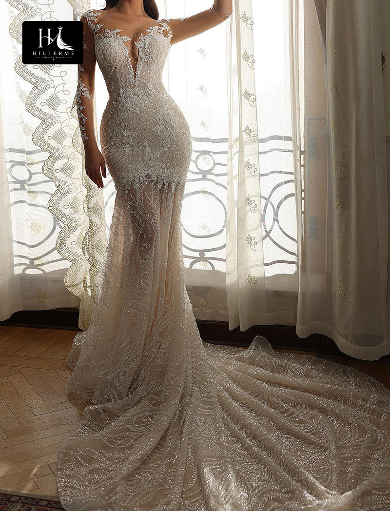 Romantic Lace Wedding Dress with Illusion V-Neck and Long Sleeves