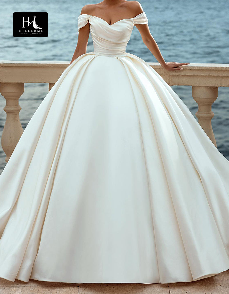 Ball Gowns Off the Shoulder Satin Bridal Gown with Pleated Details