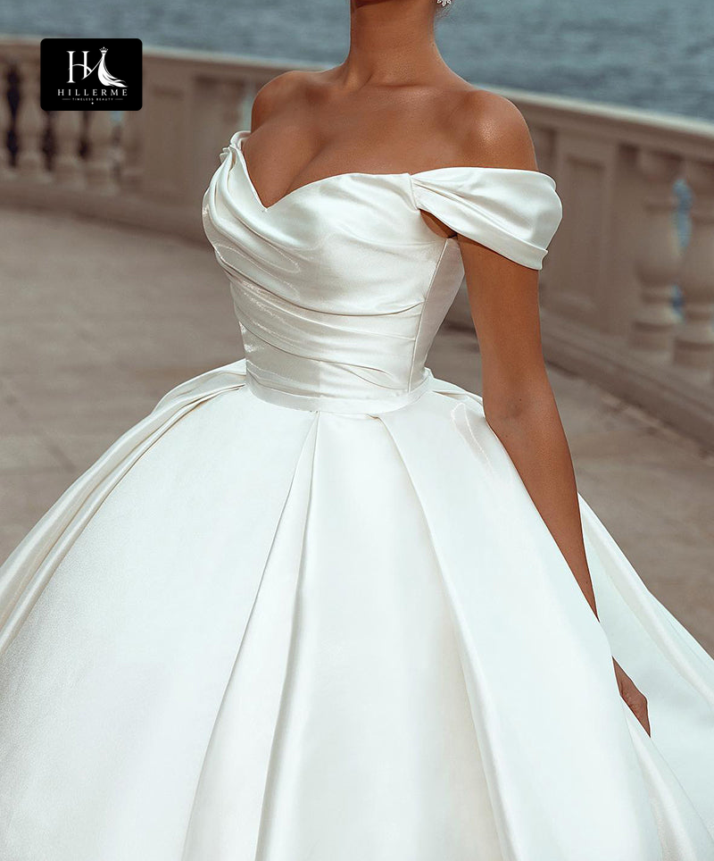 Ball Gowns Off the Shoulder Satin Bridal Gown with Pleated Details