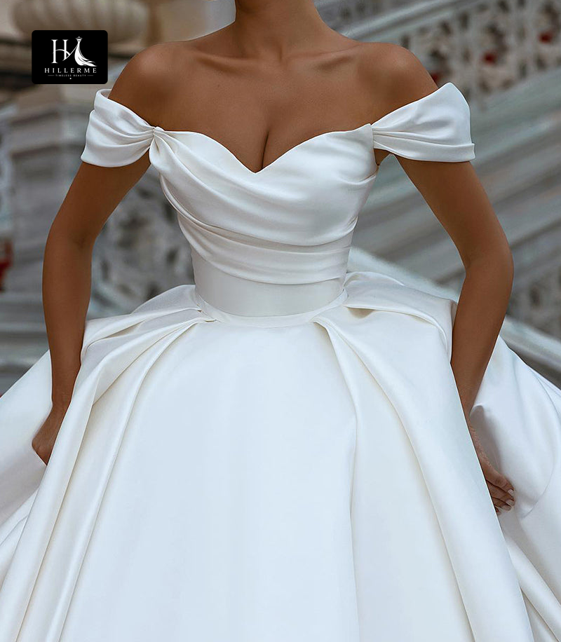 Ball Gowns Off the Shoulder Satin Bridal Gown with Pleated Details
