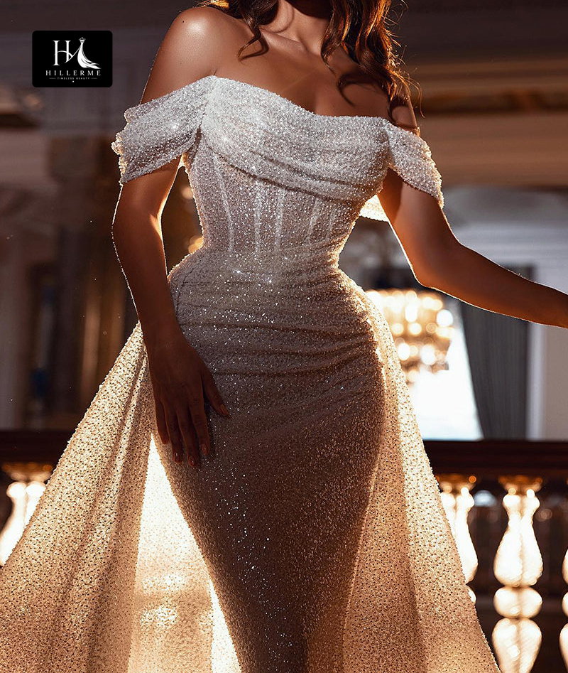Strapless Beaded Trumpet Mermaid Bohemian Wedding Dress with Pleated Sleeves and Train