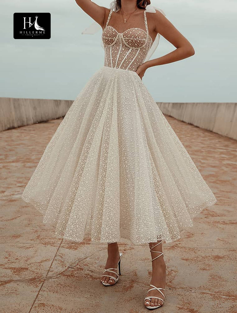 Spaghetti Straps A-line Bohemian Wedding Dress in Tea Length