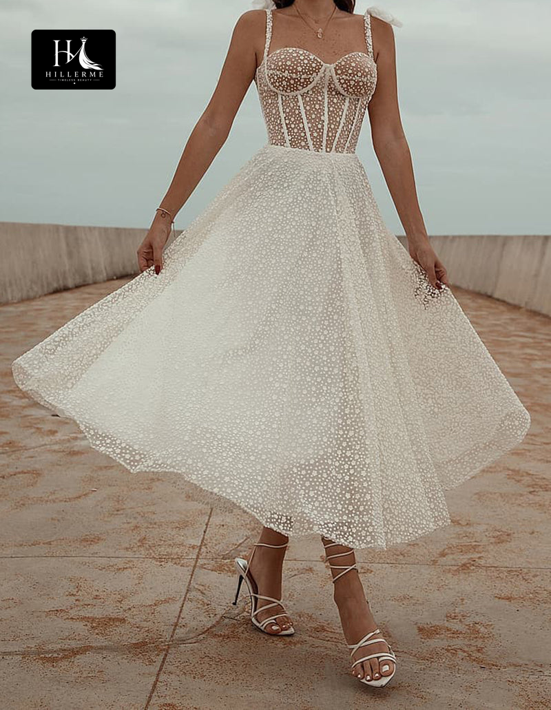 Spaghetti Straps A-line Bohemian Wedding Dress in Tea Length