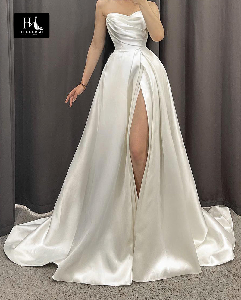 Strapless A-Line Satin Wedding Dress with High Split and Plied Details