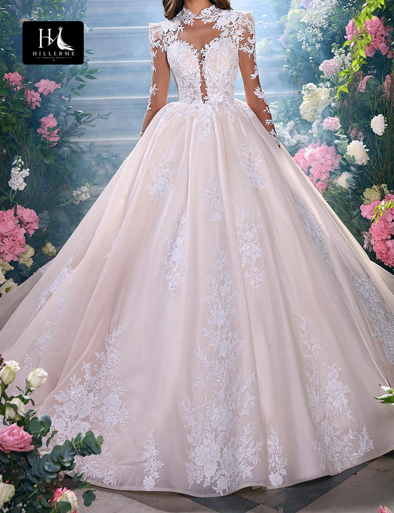 30501 - Rustic Lace Appliqué High Neck Long Sleeve Ball Gown Wedding Dress