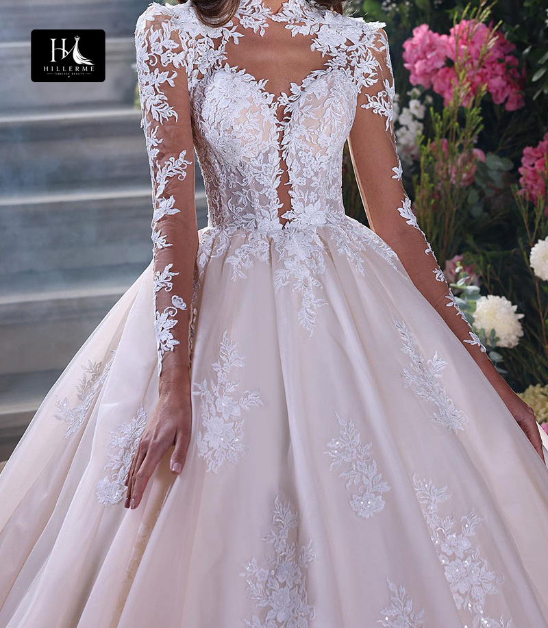 30501 - Rustic Lace Appliqué High Neck Long Sleeve Ball Gown Wedding Dress