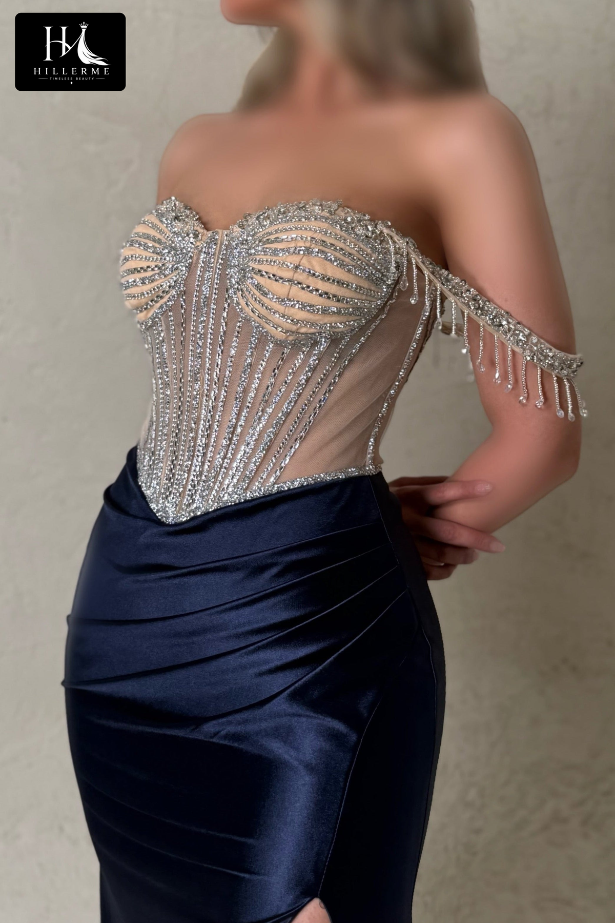 Crystal-Embellished Corset Mermaid Evening Gown with High Slit