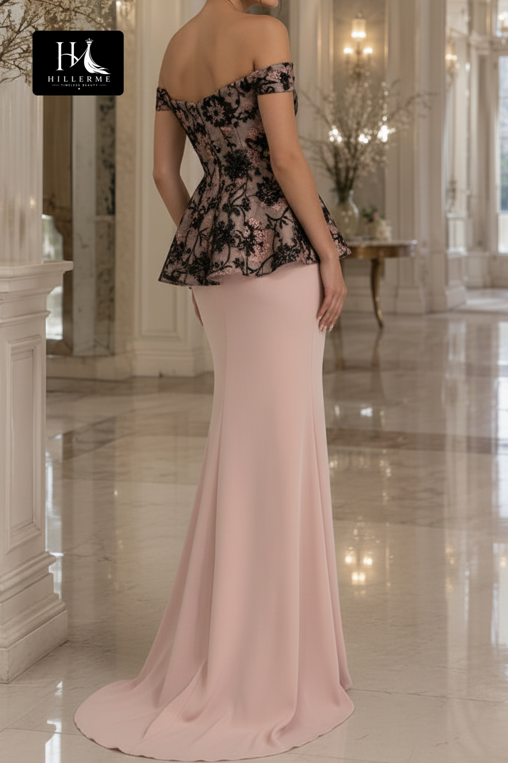 Floral Sequin Peplum Evening Gown with Off-the-Shoulder Neckline