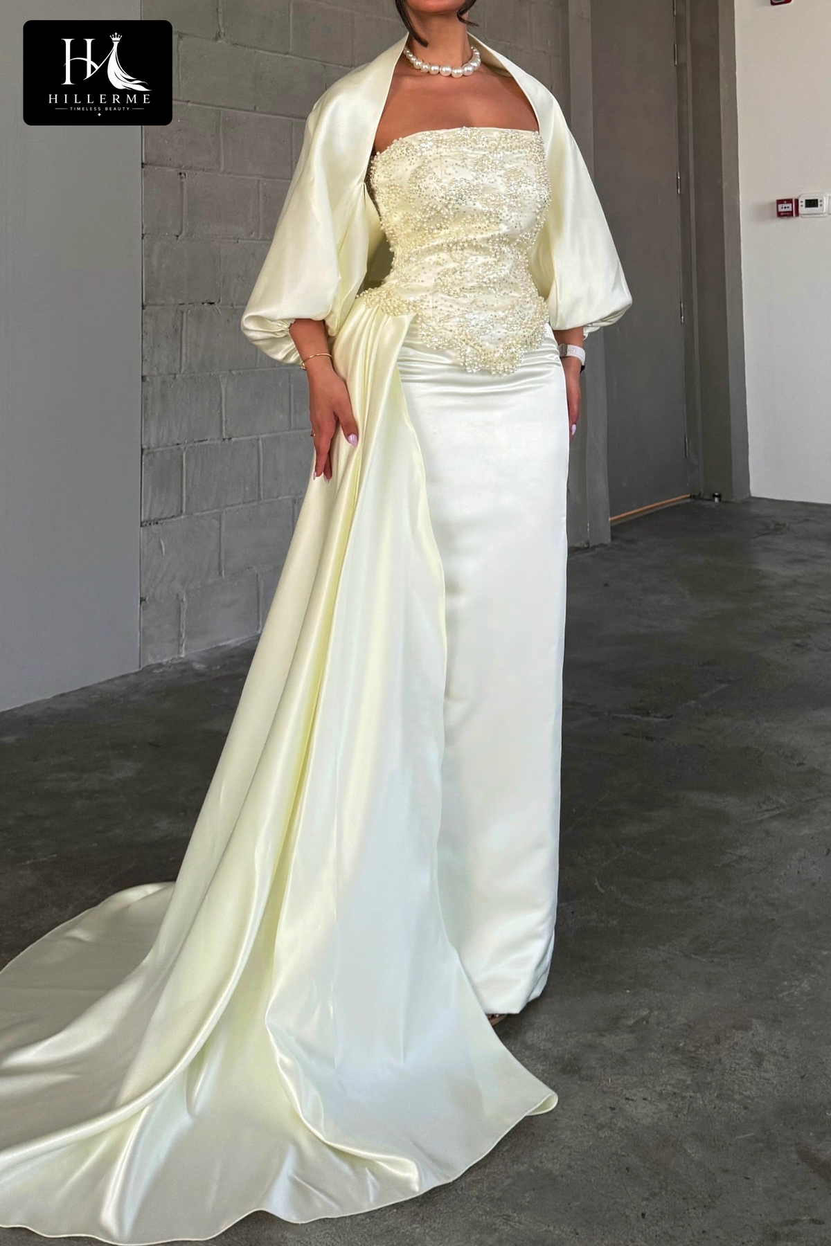 Beaded Corset Column Gown with Asymmetrical Drape and Floor-Length Train