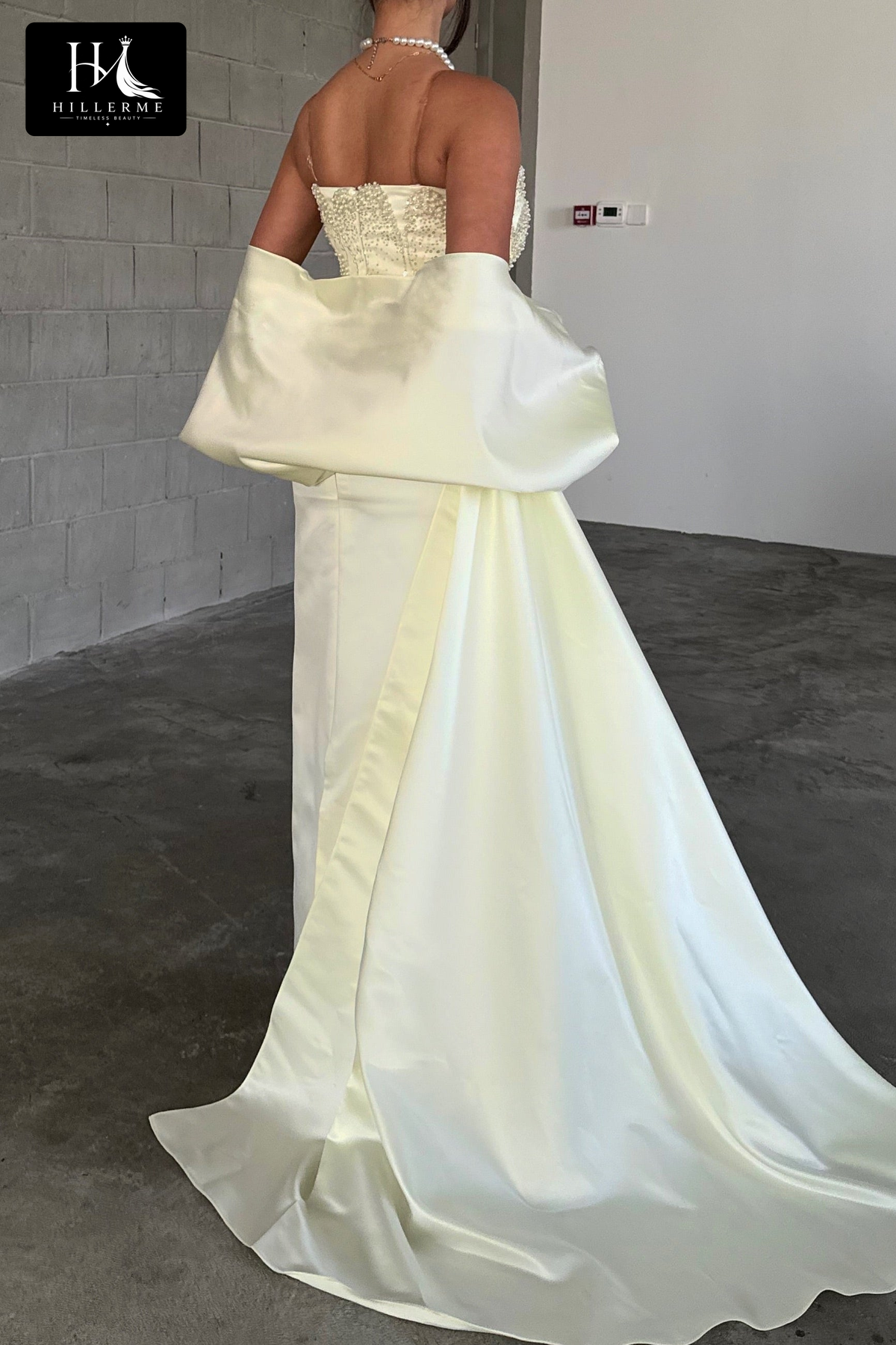 Beaded Corset Column Gown with Asymmetrical Drape and Floor-Length Train