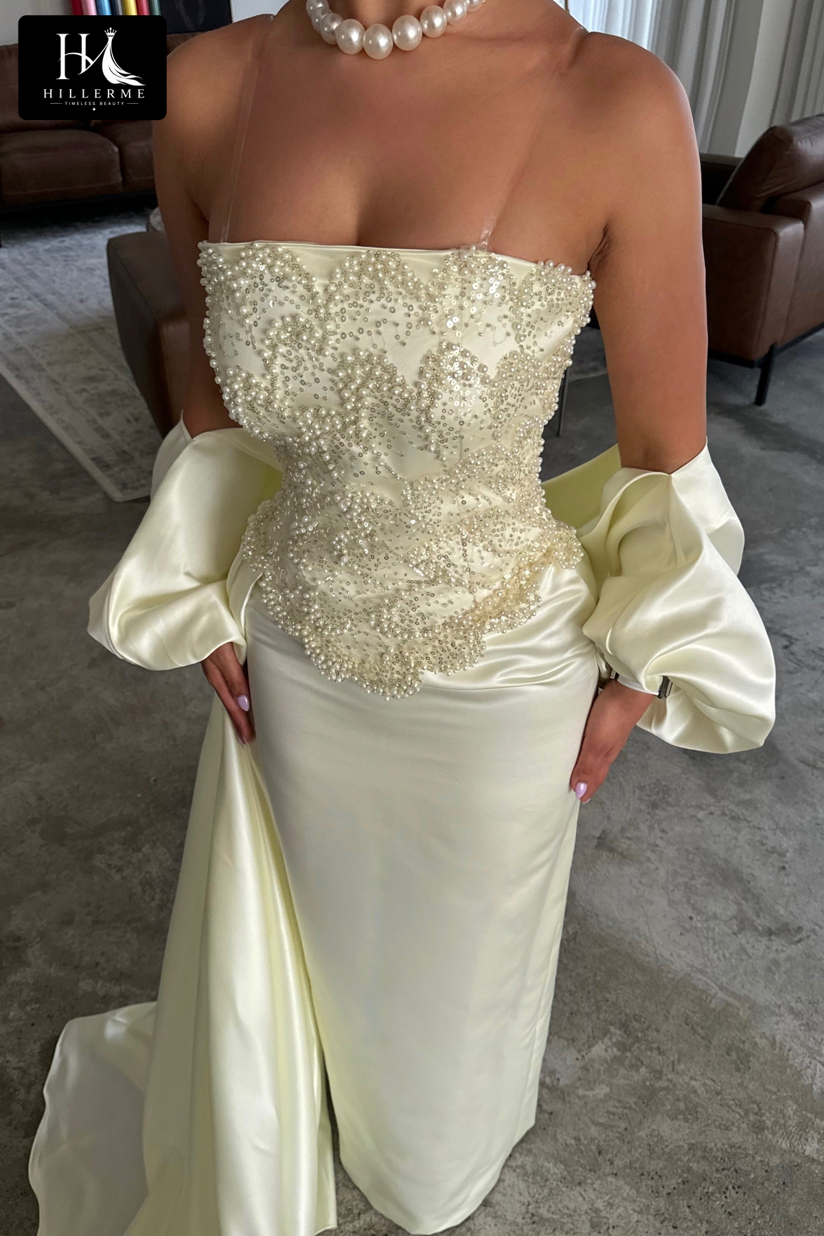 Beaded Corset Column Gown with Asymmetrical Drape and Floor-Length Train