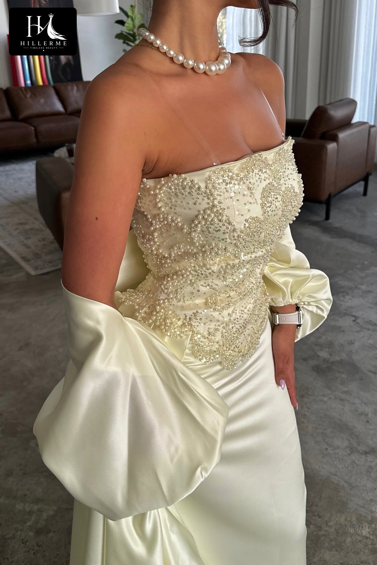 Beaded Corset Column Gown with Asymmetrical Drape and Floor-Length Train