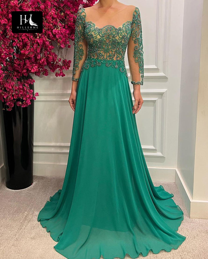 Formal Evening Dress with Beaded Scoop Neckline and Long Sleeves in Green for Mother of the Bride
