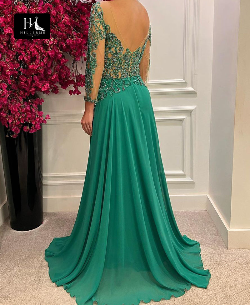 Formal Evening Dress with Beaded Scoop Neckline and Long Sleeves in Green for Mother of the Bride
