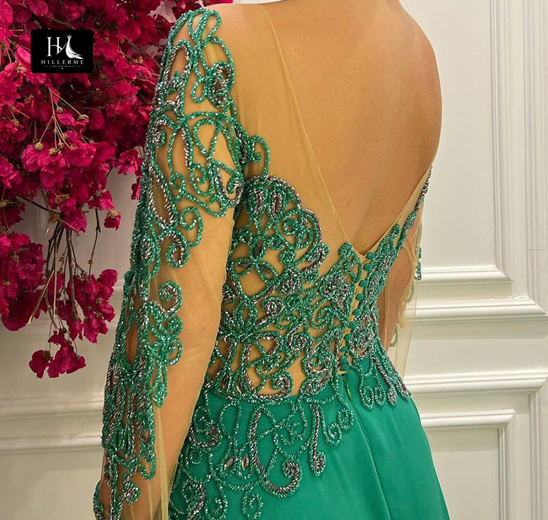 Formal Evening Dress with Beaded Scoop Neckline and Long Sleeves in Green for Mother of the Bride