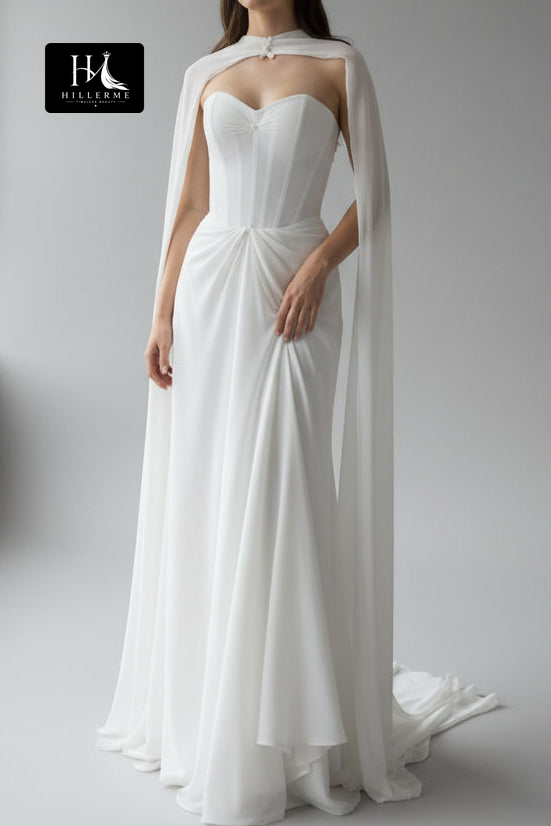 Ethereal Strapless Corset Bridal Gown with Flowing Chiffon Cape