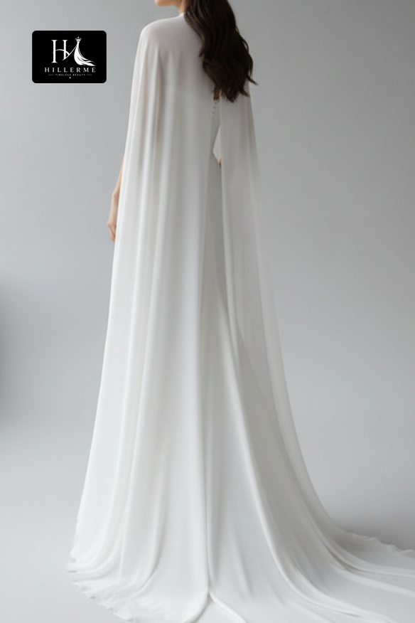 Ethereal Strapless Corset Bridal Gown with Flowing Chiffon Cape
