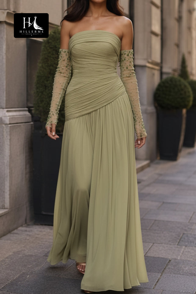 Elegant Strapless Maxi Dress with Beaded Sheer Sleeves and Ruched Details