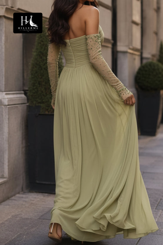 Elegant Strapless Maxi Dress with Beaded Sheer Sleeves and Ruched Details