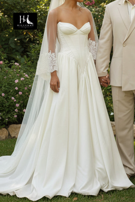 Strapless Corset Ball Gown Wedding Dress in Luxurious Satin with Cathedral Train