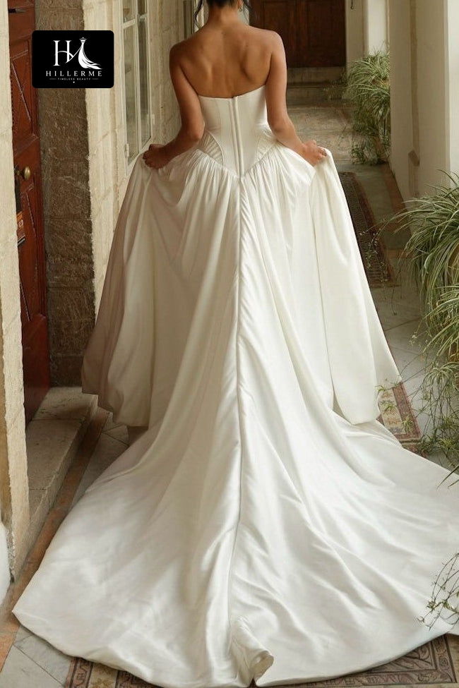 Strapless Corset Ball Gown Wedding Dress in Luxurious Satin with Cathedral Train