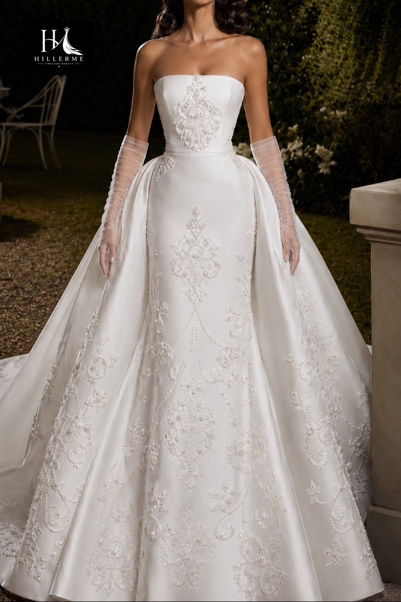 Strapless Mermaid Wedding Dress with Detachable Overskirt and Cathedral Train