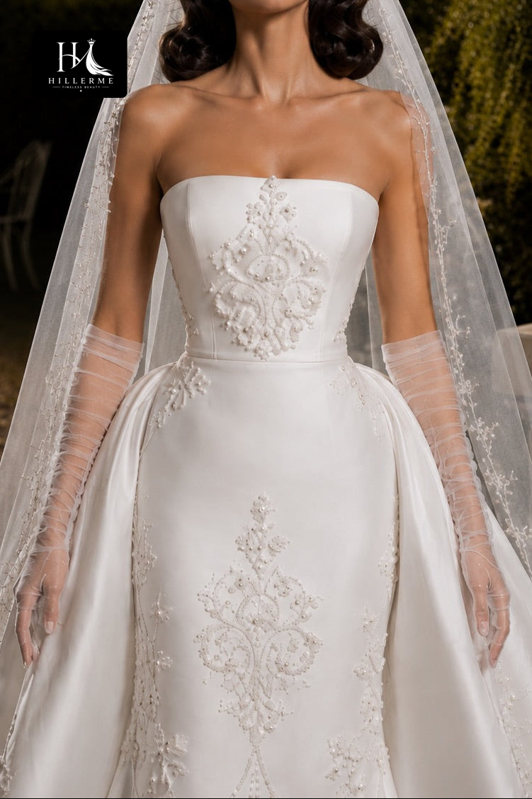 Strapless Mermaid Wedding Dress with Detachable Overskirt and Cathedral Train