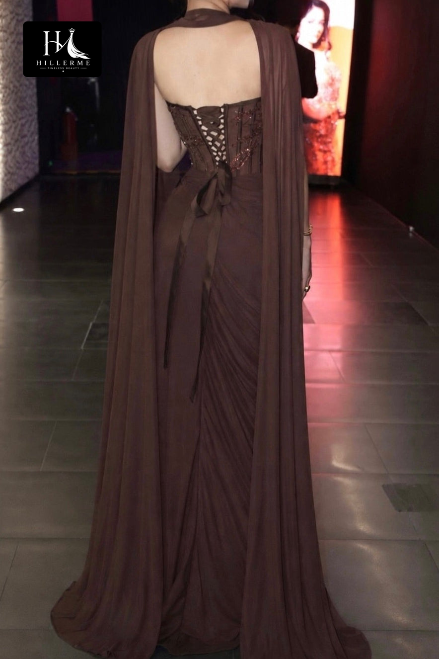 Elegant Corset Evening Gown with Draped Cape and High Slit