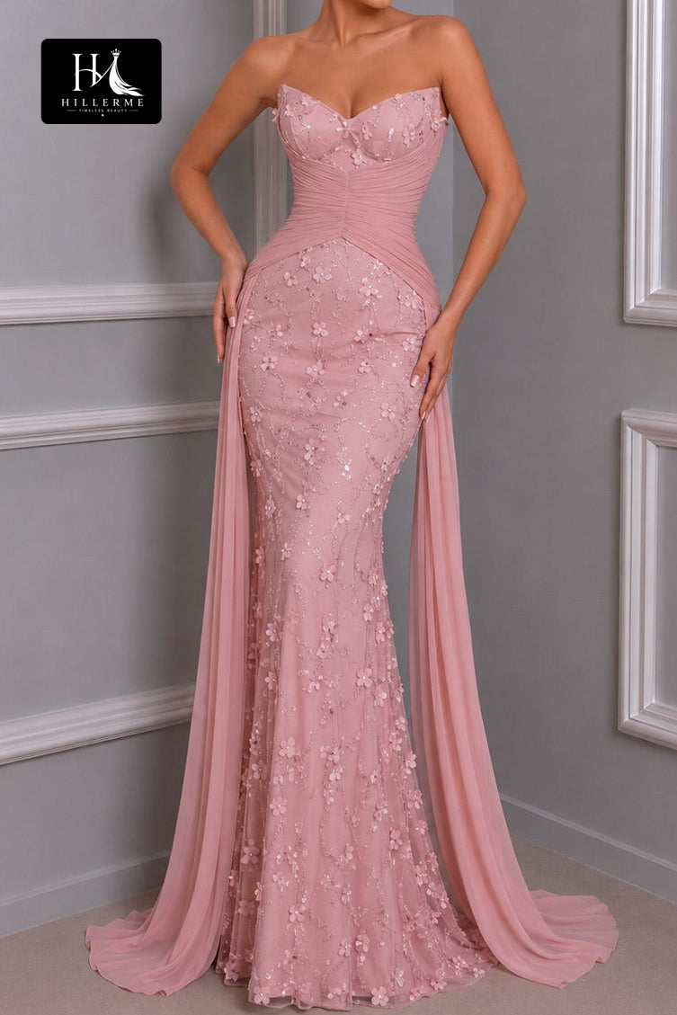 Strapless Mermaid Gown with 3D Floral Appliqués and Side Drapes