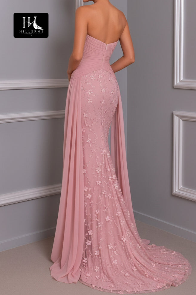 Strapless Mermaid Gown with 3D Floral Appliqués and Side Drapes