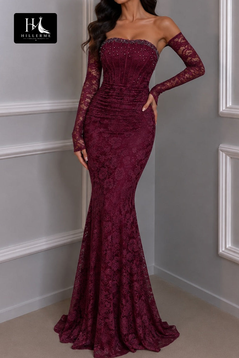 Elegant Strapless Mermaid Gown with Floral Lace Long Sleeves