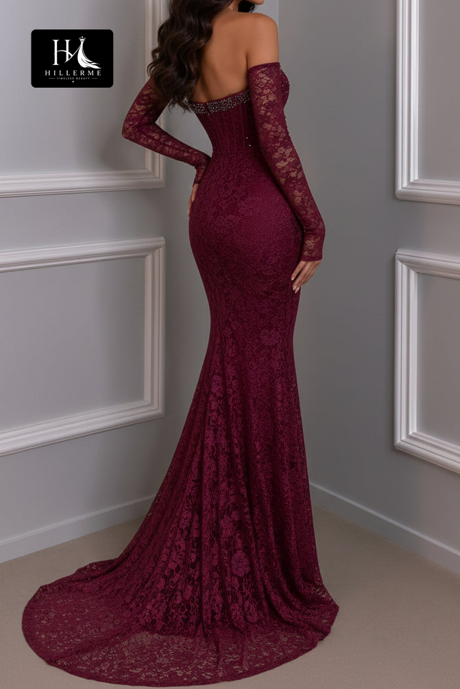 Elegant Strapless Mermaid Gown with Floral Lace Long Sleeves