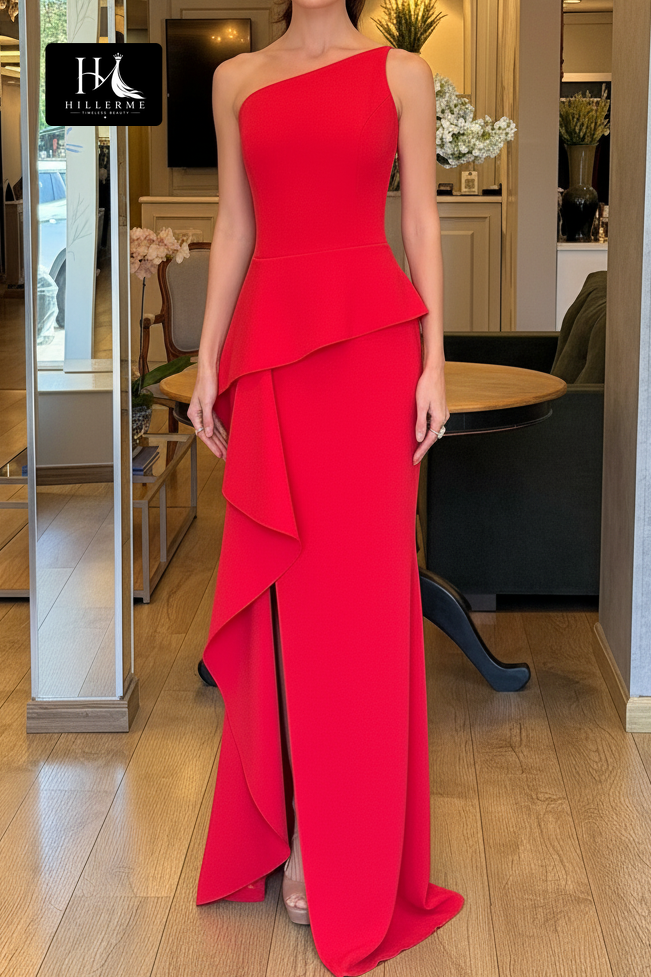 Asymmetrical One-Shoulder Evening Gown with High Slit and Ruffled Overlay