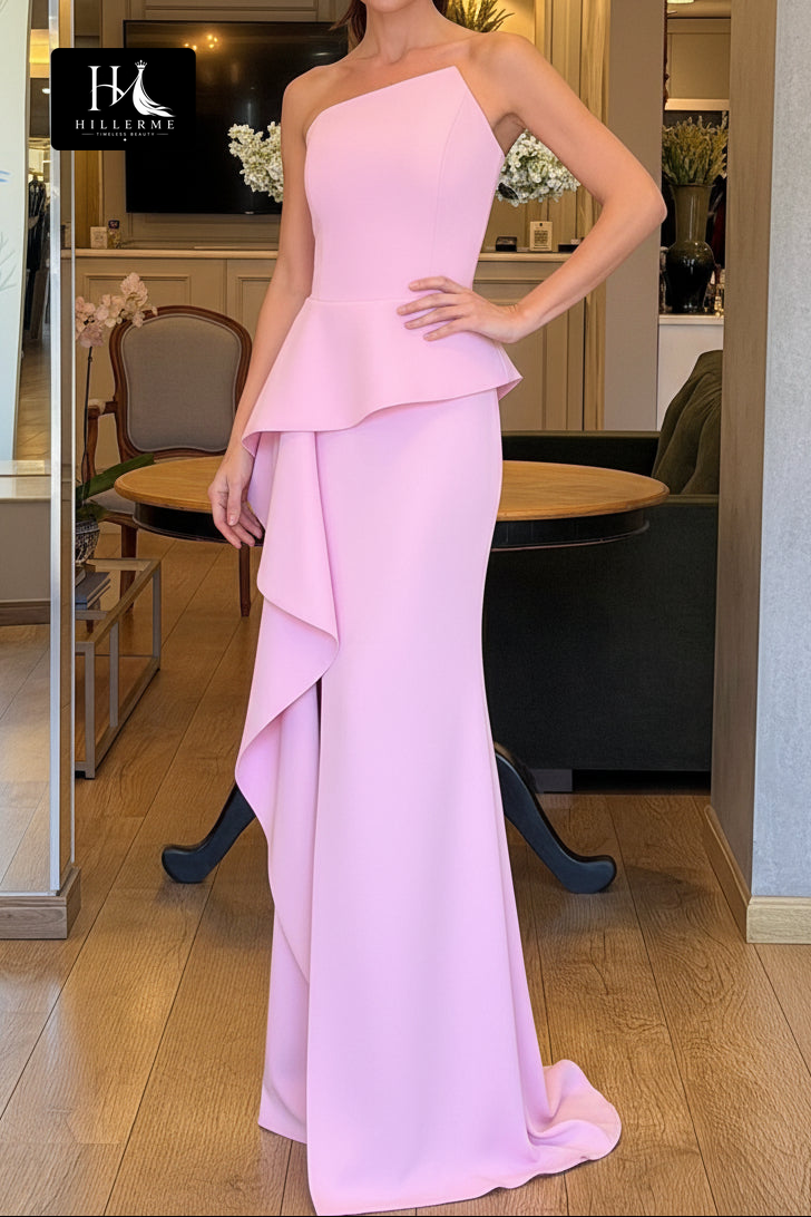 Asymmetrical One-Shoulder Evening Gown with High Slit and Ruffled Overlay