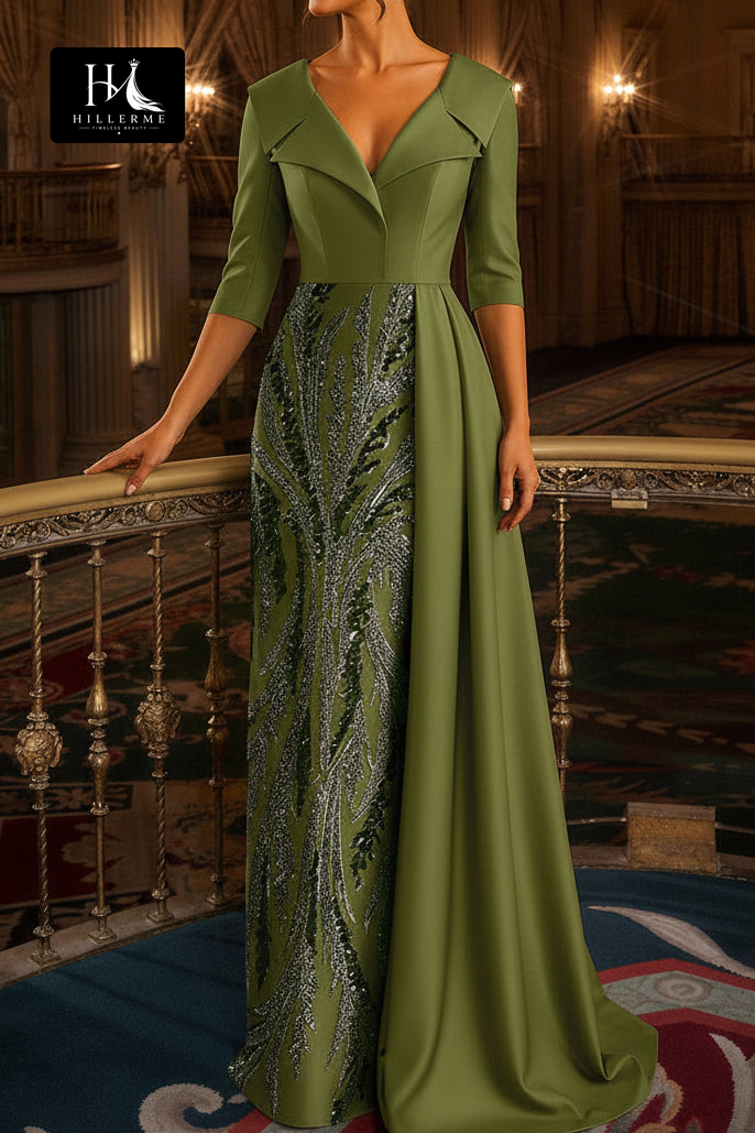 Olive Green Satin Evening Gown with Sequin-Embellished Panel and Draped Overskirt