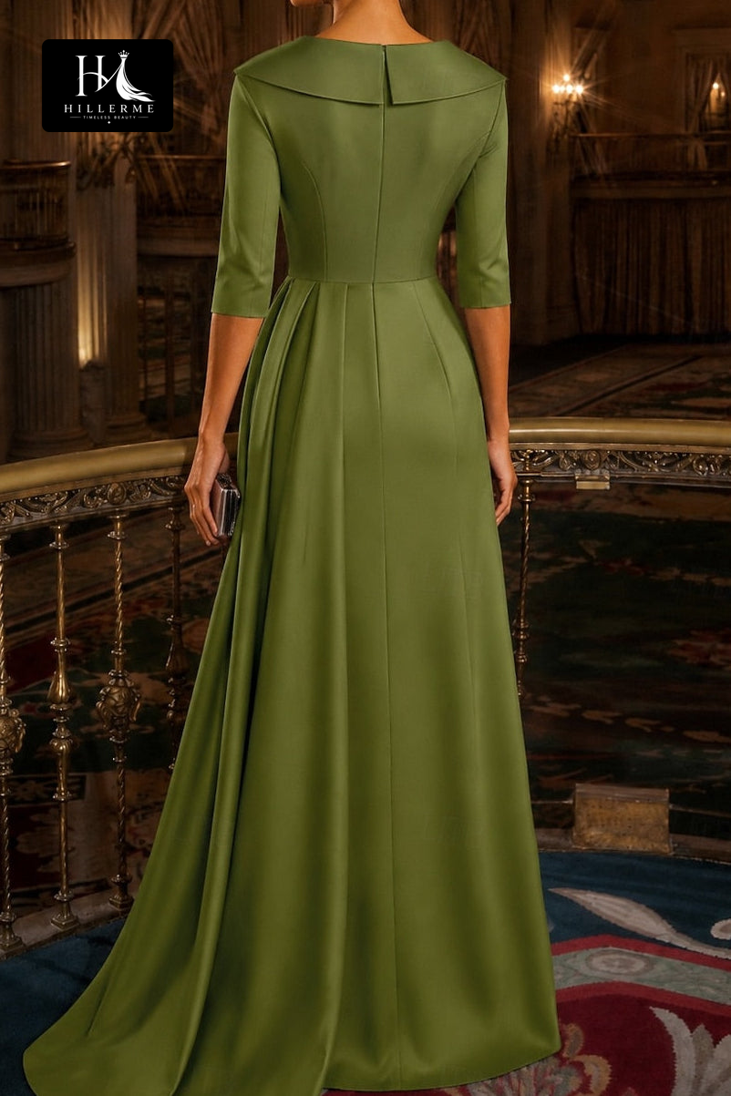 Olive Green Satin Evening Gown with Sequin-Embellished Panel and Draped Overskirt
