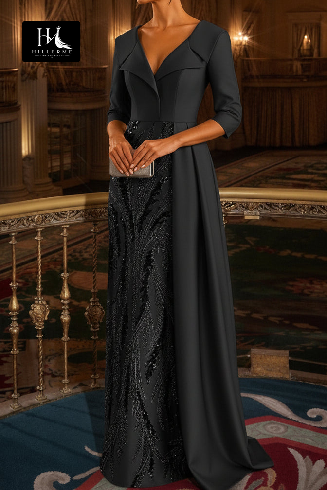 Olive Green Satin Evening Gown with Sequin-Embellished Panel and Draped Overskirt