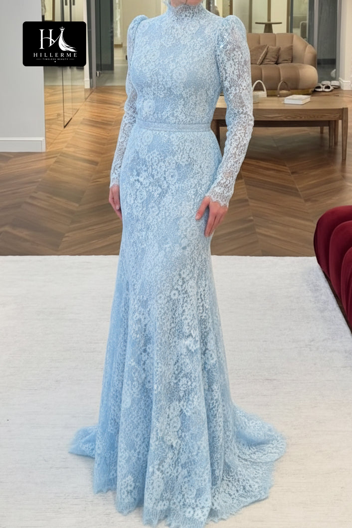 High-Neck Long Sleeve Mermaid Gown in Floral Lace