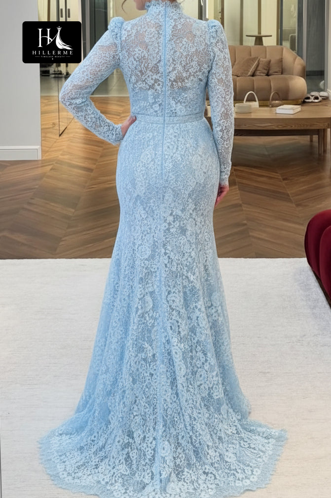 High-Neck Long Sleeve Mermaid Gown in Floral Lace
